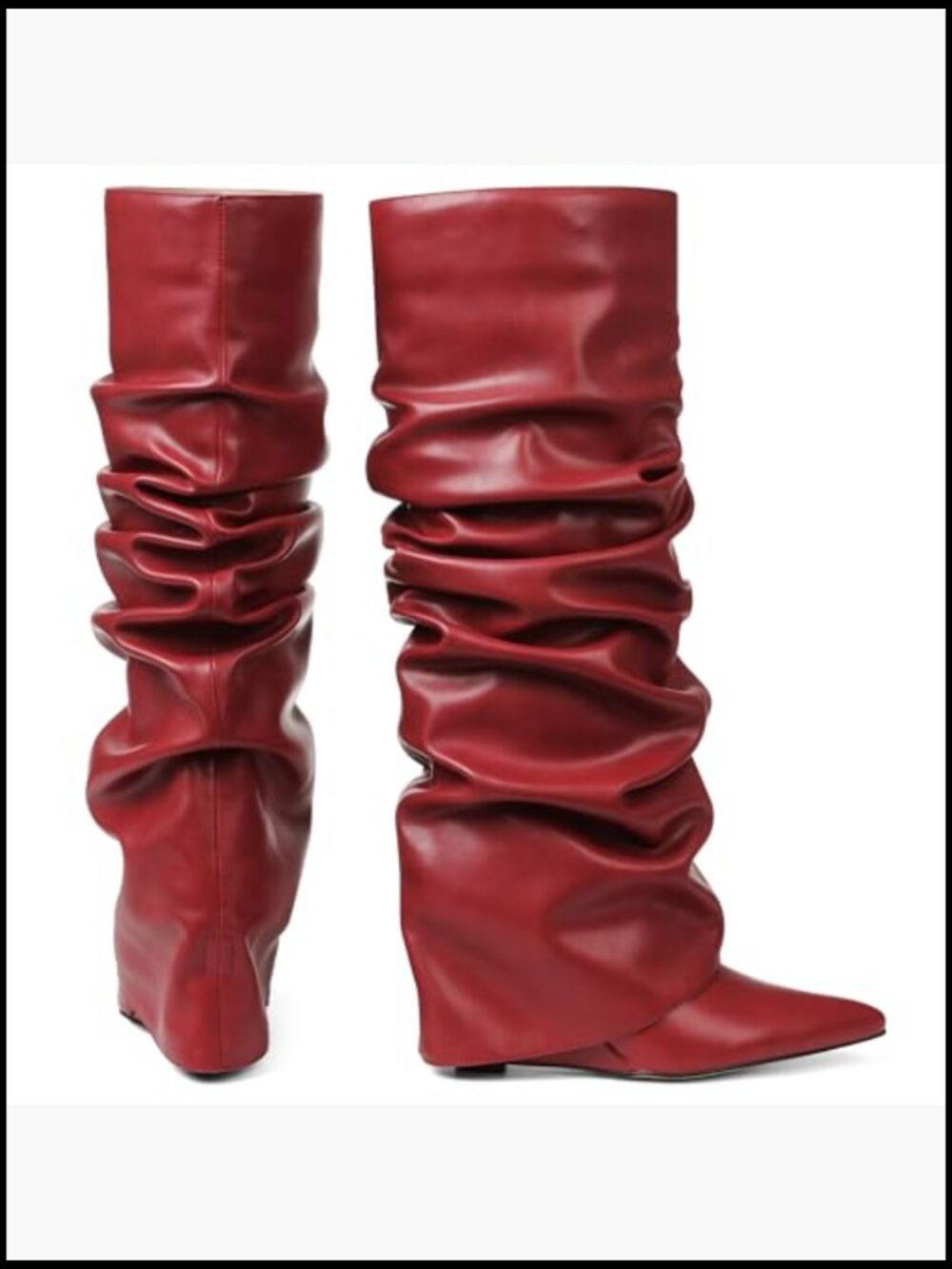 Wedge Heel Knee High Boots Pointed Toe Slouchy Fold Over Wide Calf Slip On - Picture 5 of 7